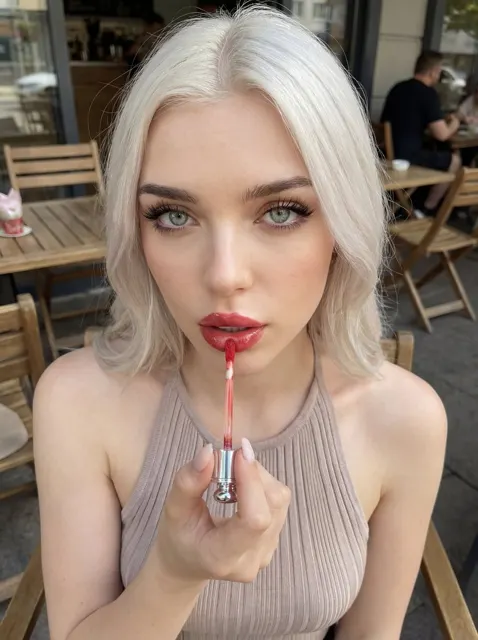 European cafe blonde red lips closeup