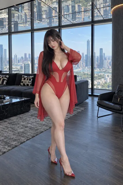 Luxury apartment red bodysuit curvy asian woman portrait