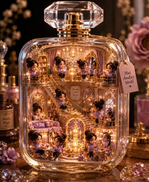 Magical miniature universe inside glass perfume bottle
