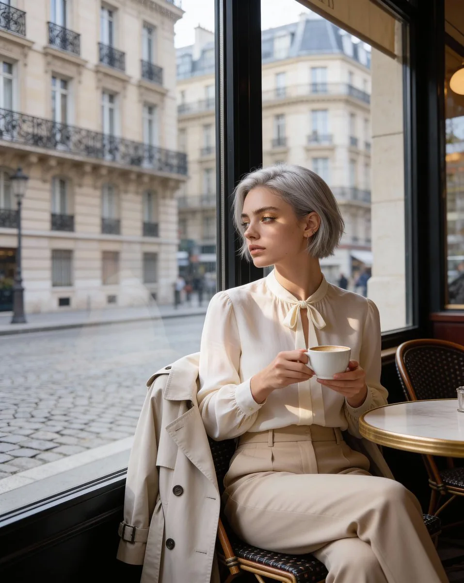 Elegant silver hair girl paris cafe — Sonra