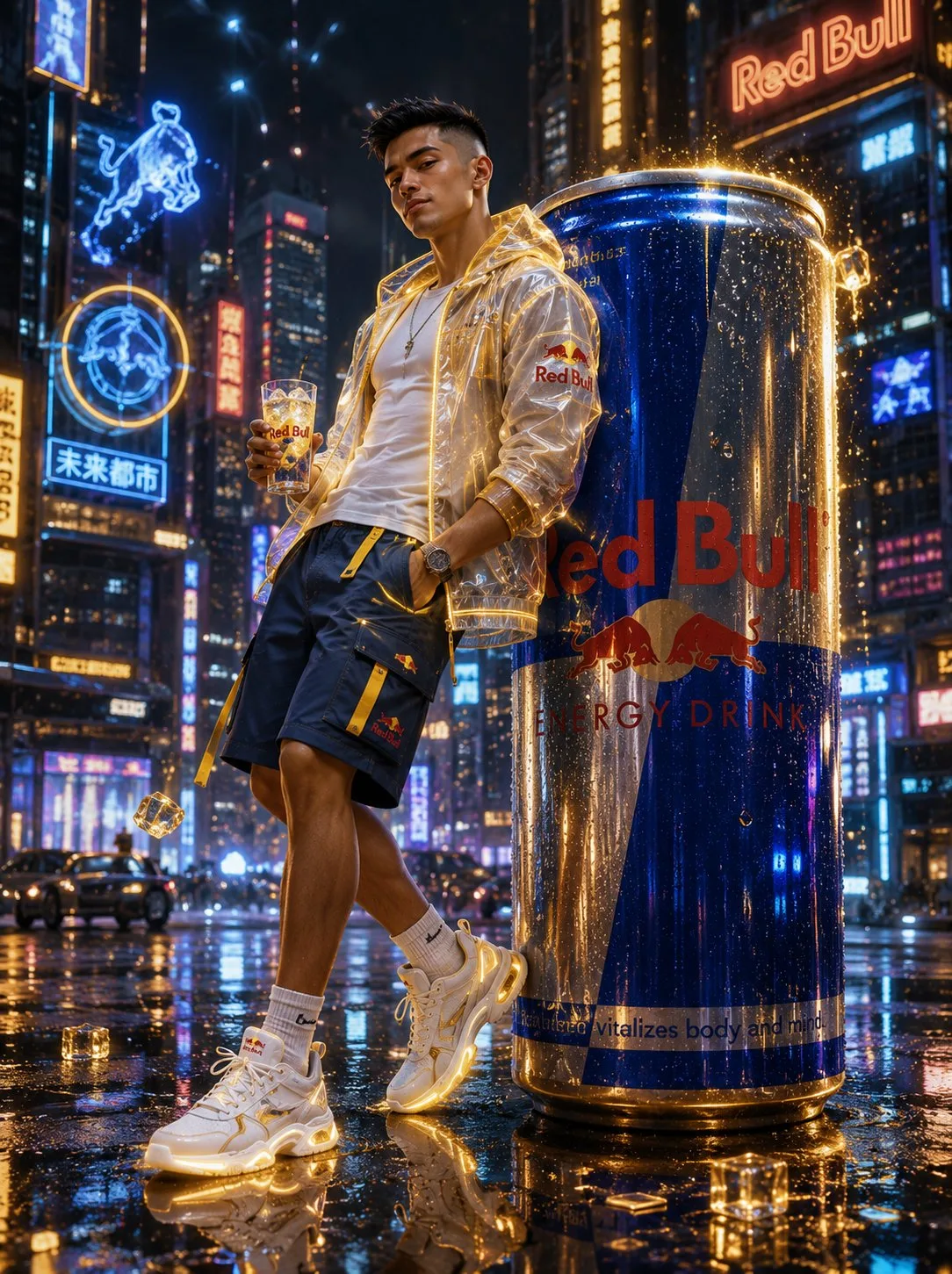 Cyberpunk red bull neon city commercial shot — After