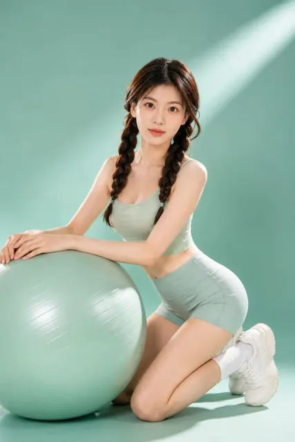 Minimalist mint green studio fitness portrait