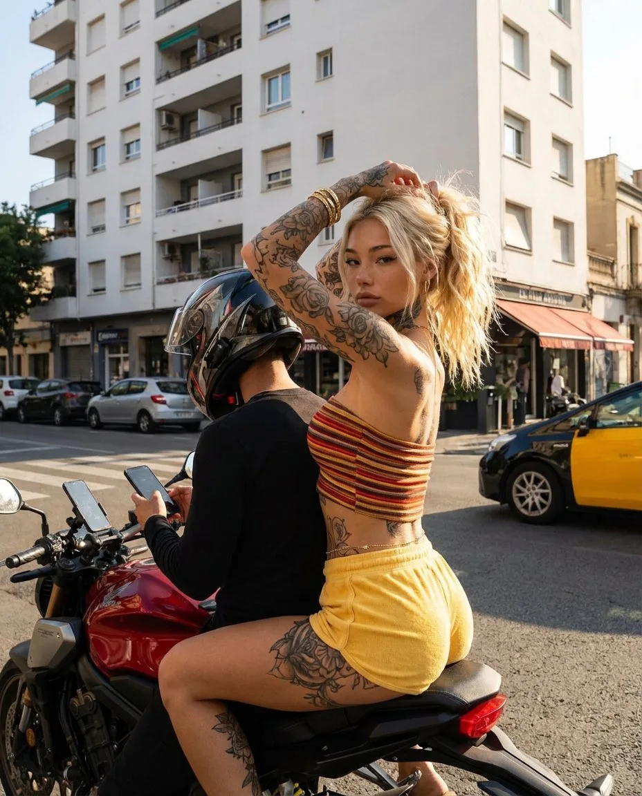 Golden hour tattoo biker girl — Sonra