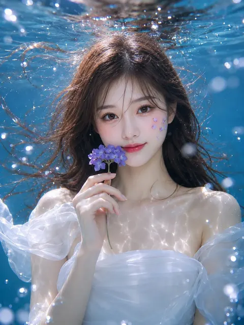 Ultra photorealistic underwater east asian woman editorial