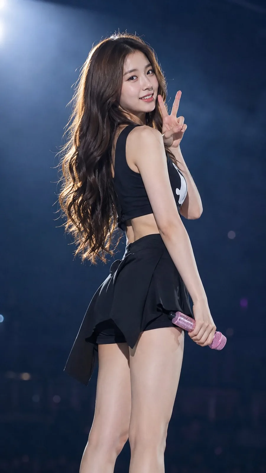 Young east asian woman concert stage v sign photorealistic — Sonra