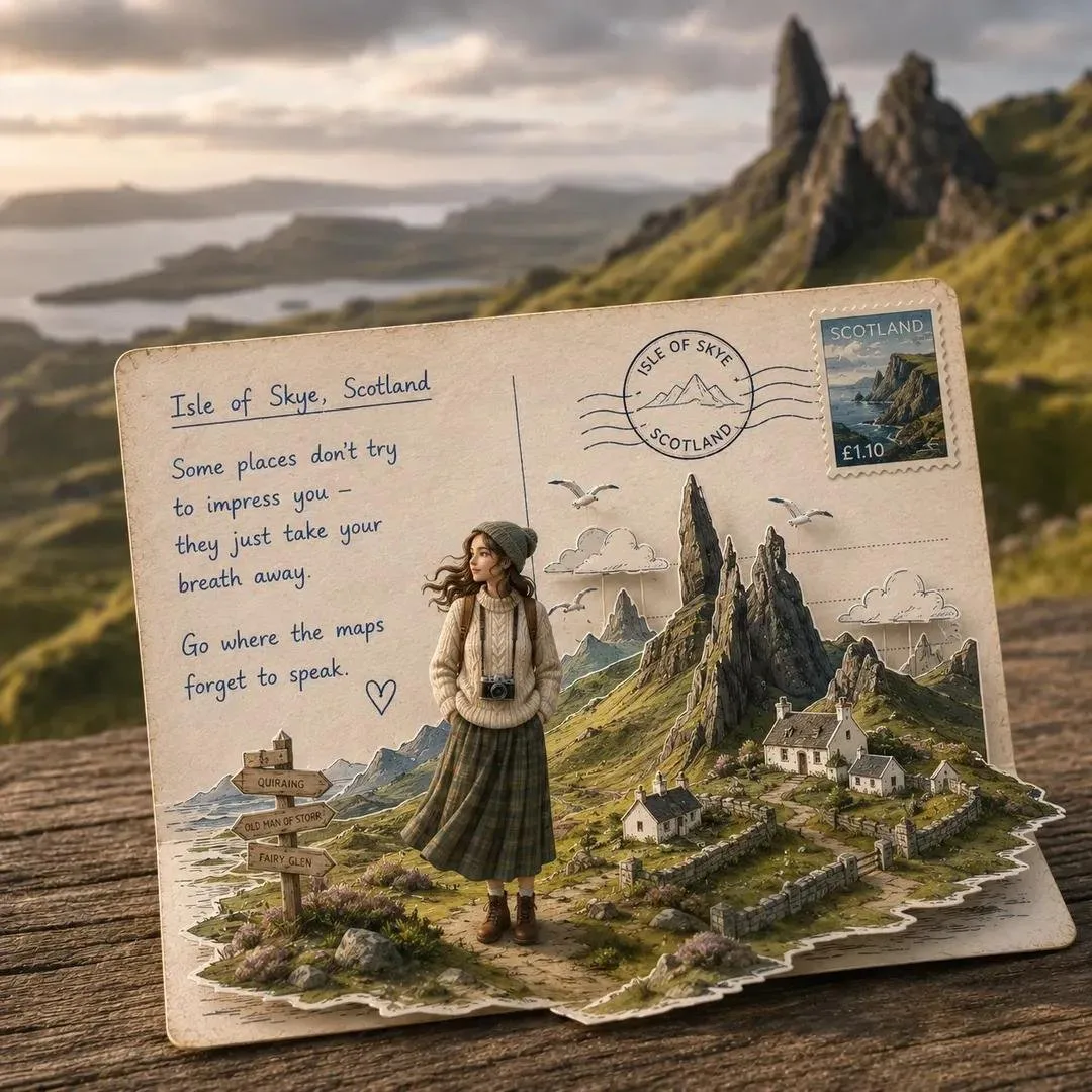 Travel postcard papercraft diorama prompt — Sonra