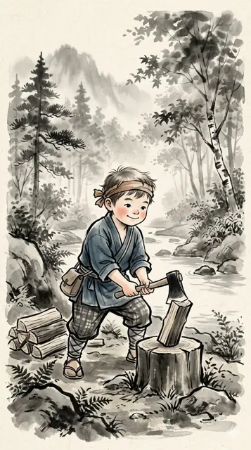 Japanese ink wash forest children illustration