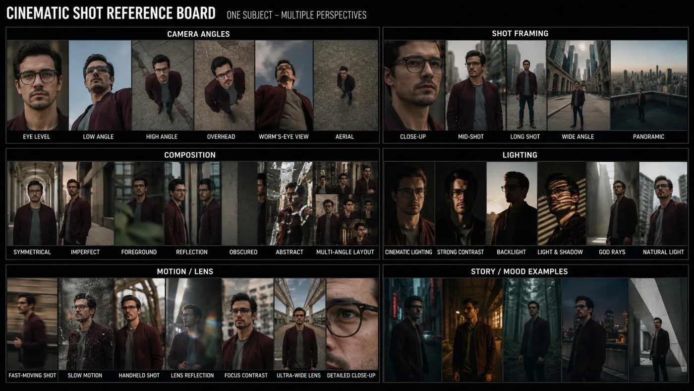 Cinematic shot type reference board — Sonra
