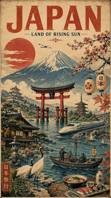Vintage hand illustrated travel poster prompt
