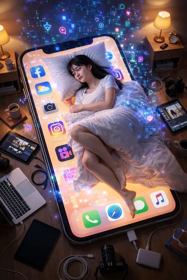 Girl on phone bed — Sonra