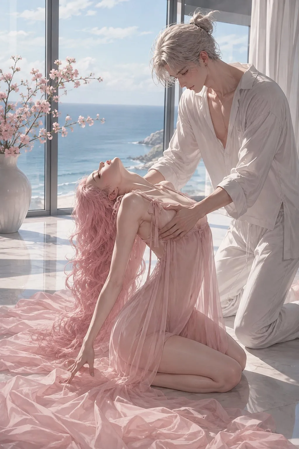 Luxury romantic couple seaside villa illustration — Sonra