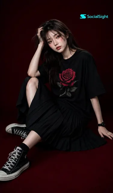Ultra realistic editorial fashion studio asian woman all black style