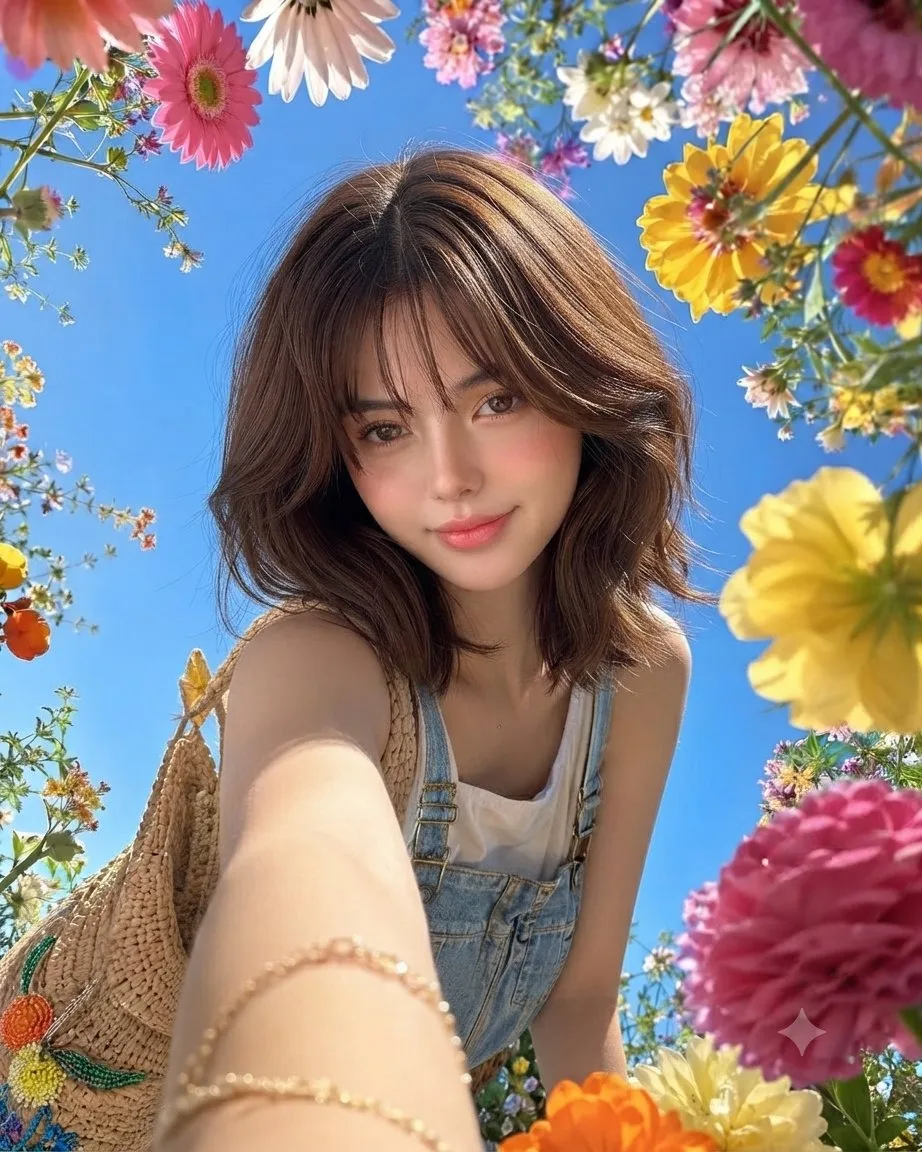 Young woman garden selfie close up vibrant flowers — After