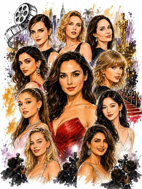 Hollywood red carpet celebrities watercolor fashion collage