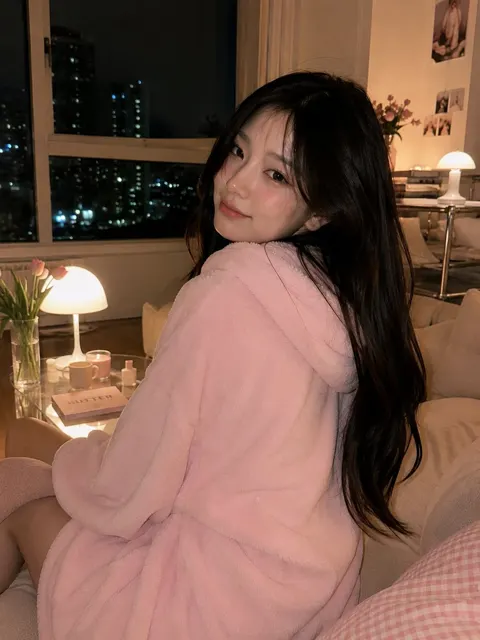 Cozy korean living room portrait pink hoodie