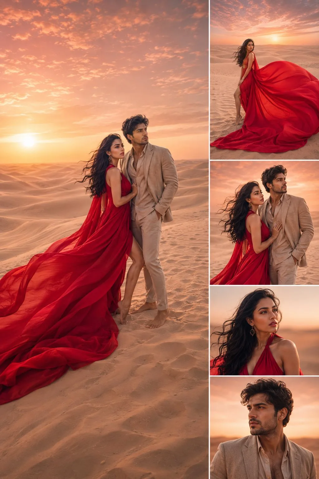 Cinematic desert fashion editorial composition — Sonra