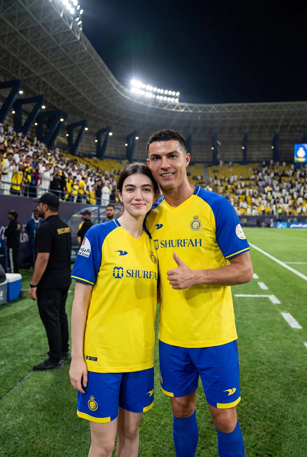 Female fan posing with ronaldo stadium night — Sonra