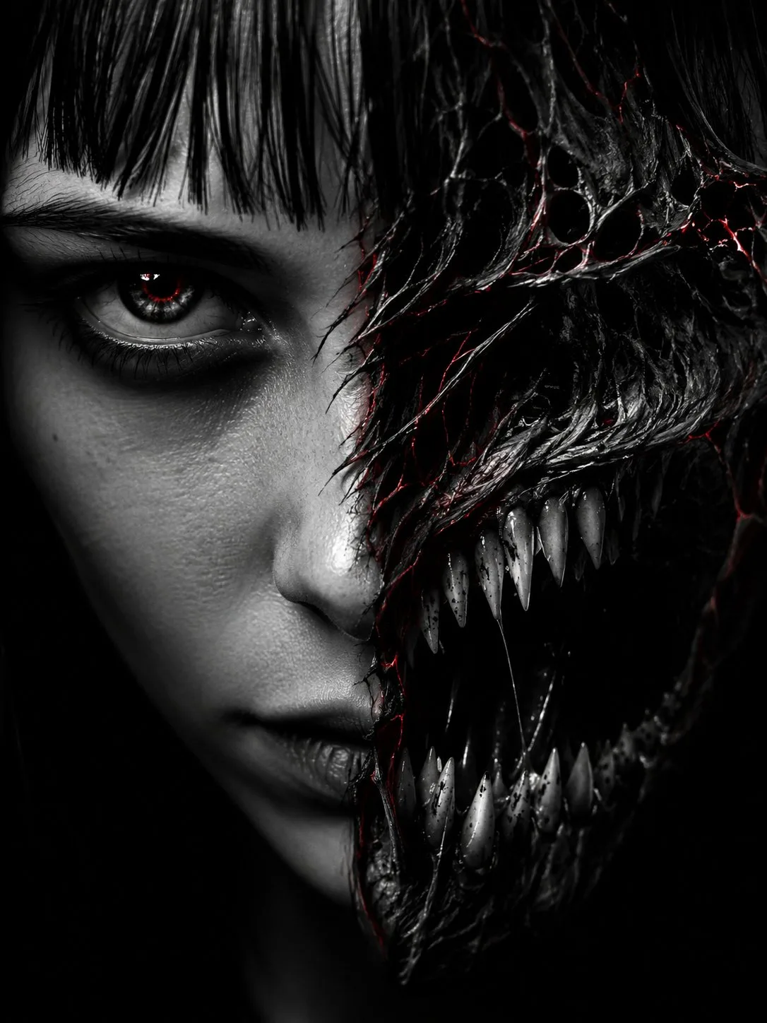 Extreme close up split face horror demon portrait — After