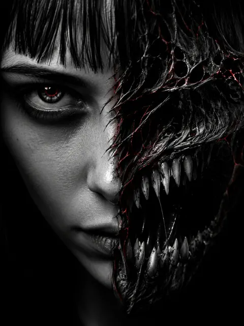 Extreme close up split face horror demon portrait