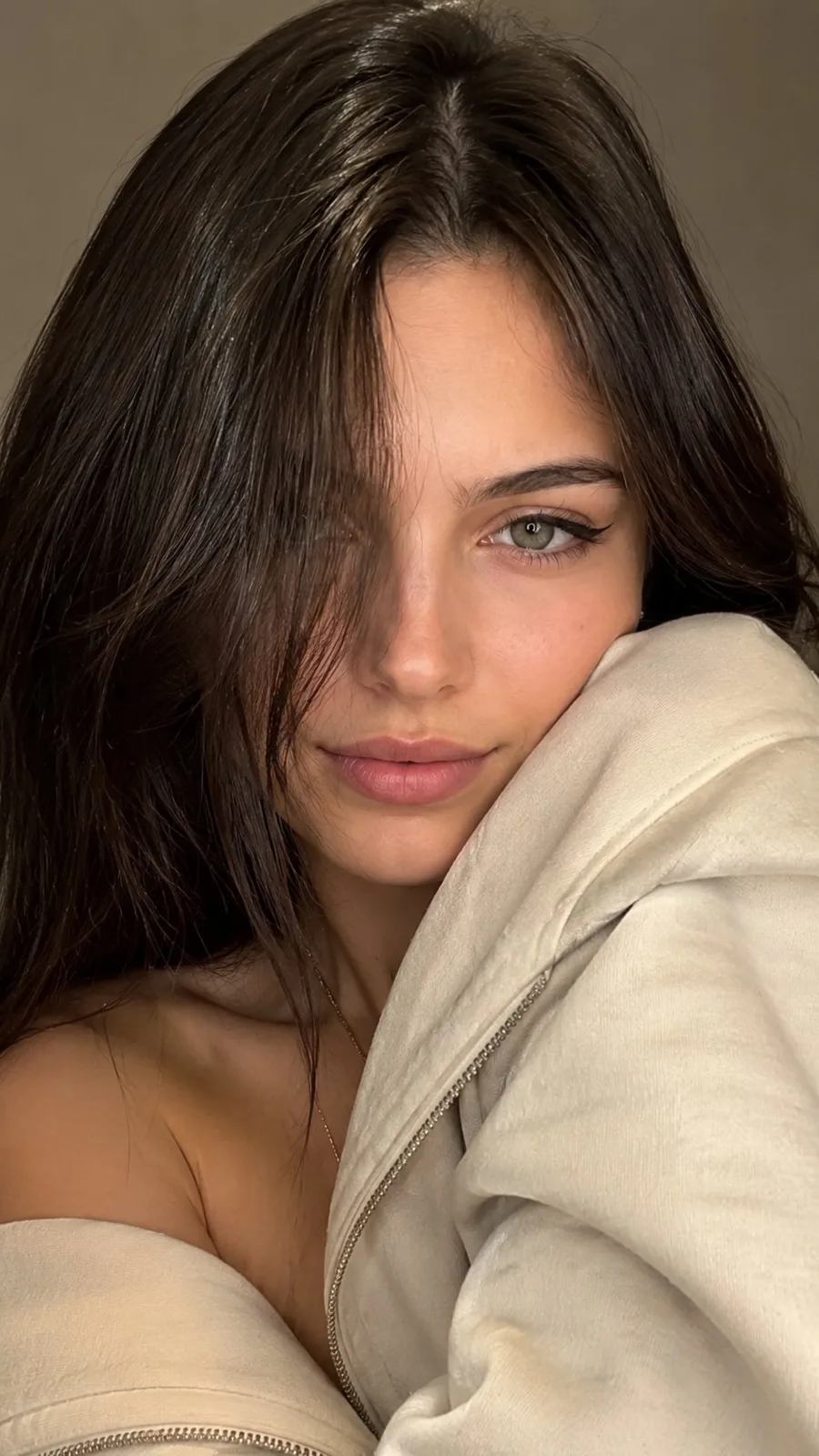 Photorealistic close up portrait young girl hoodie selfie — After