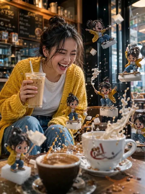 Ultra realistic cinematic photography woman cartoon twins cafe