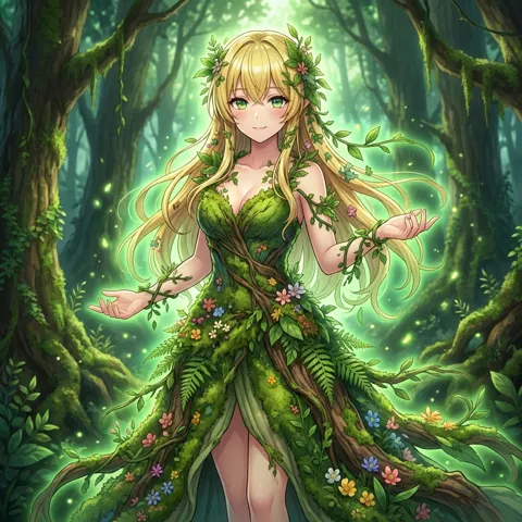 Breathing with forest dryad girl