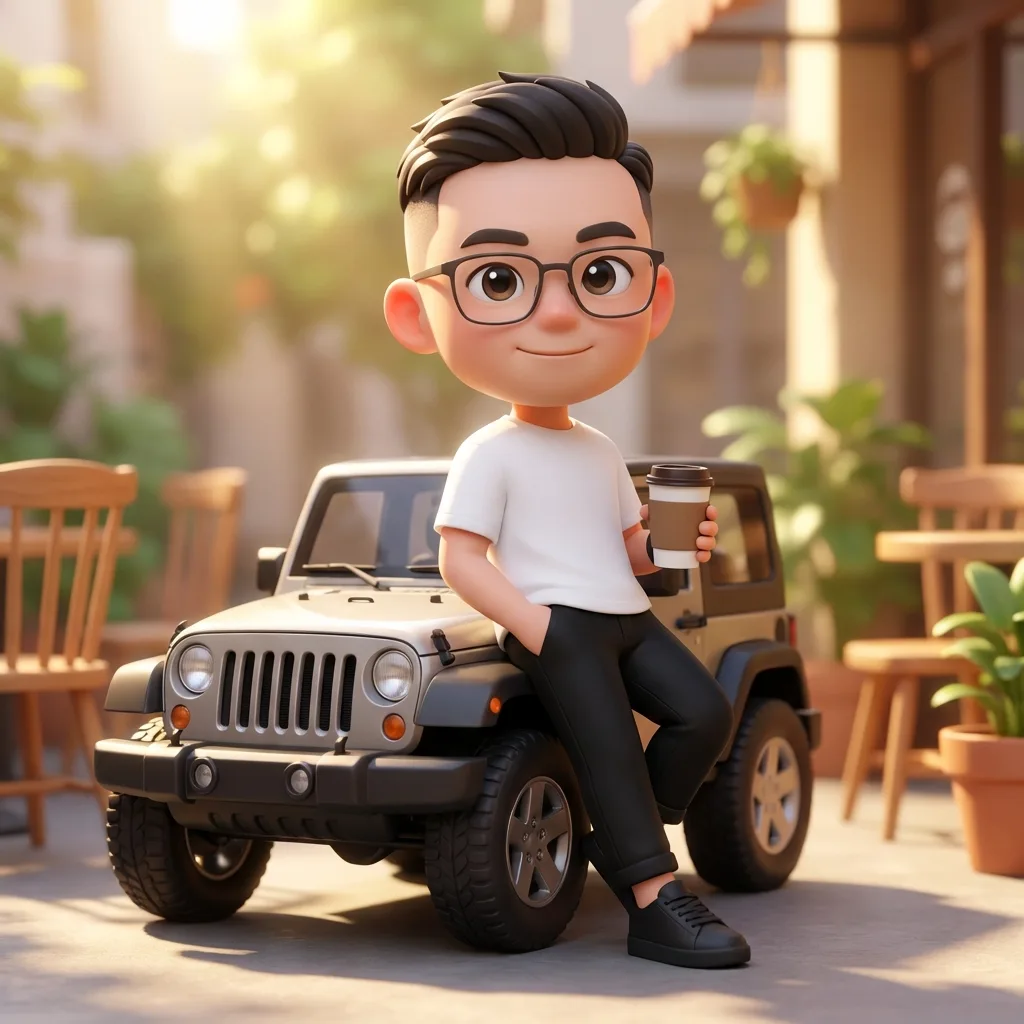 Pixar style 3d chibi boy jeep coffee — After