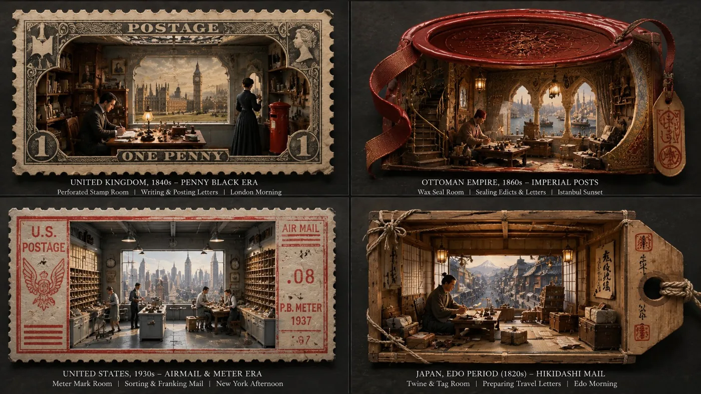 Postal geometry stamp architectural prompts — After
