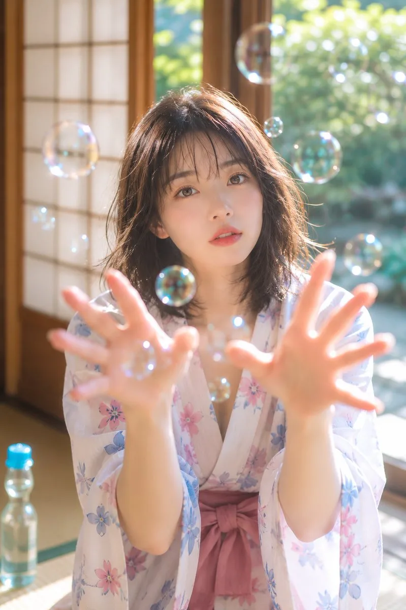 Yukata girl chasing soap bubbles washitsu portrait — Sonra