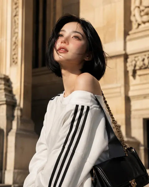 Cinematic portrait woman black bob golden hour