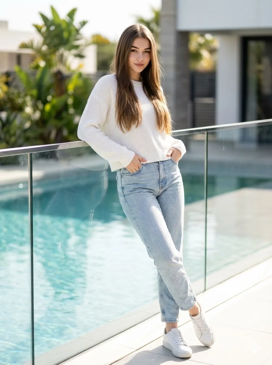 16k realistic sunny poolside portrait — Sonra