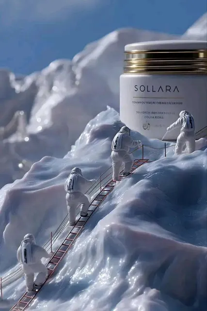 Surreal skincare bottle industrial diorama