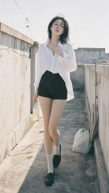 Rooftop walkway white shirt cinematic portrait