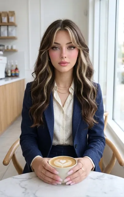 Hyper realistic professional dslr portrait woman cafe