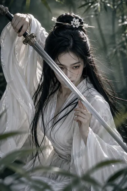 Oriental wuxia white robe swordsman portrait