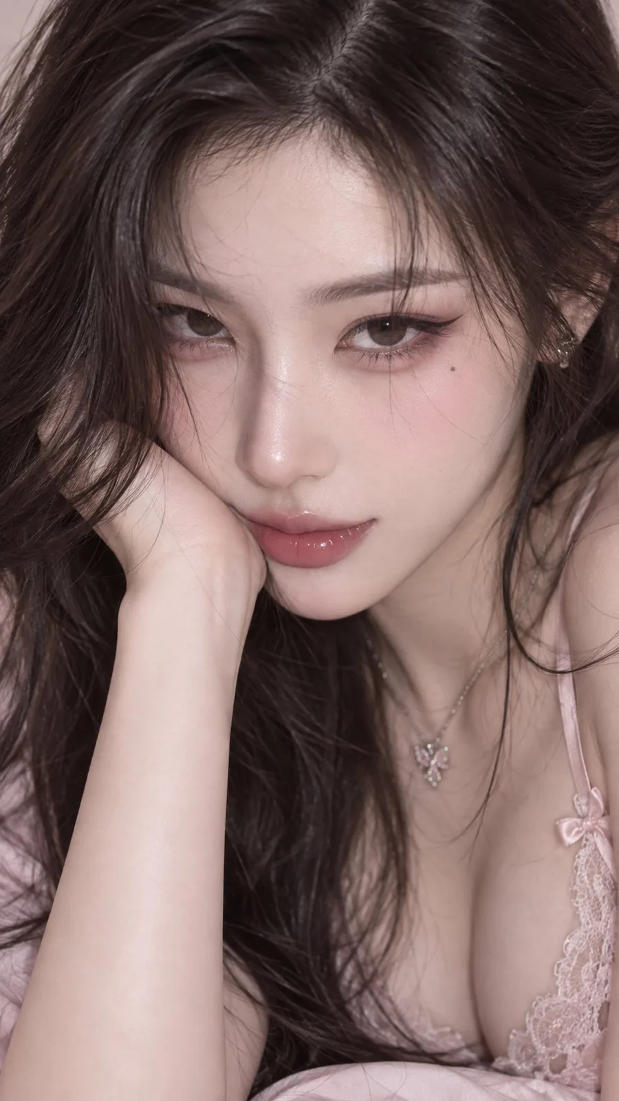 Cold pink cat eye makeup east asian woman portrait — Sonra