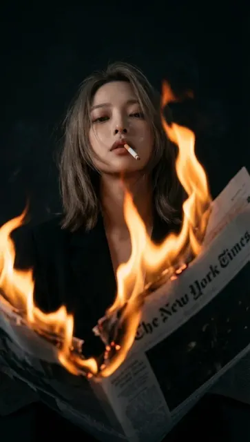 Young woman cigarette flames low angle photography
