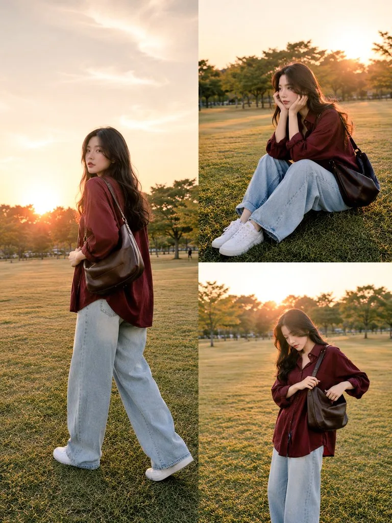 Ultra realistic lifestyle fashion collage korean vibe park sunset — After