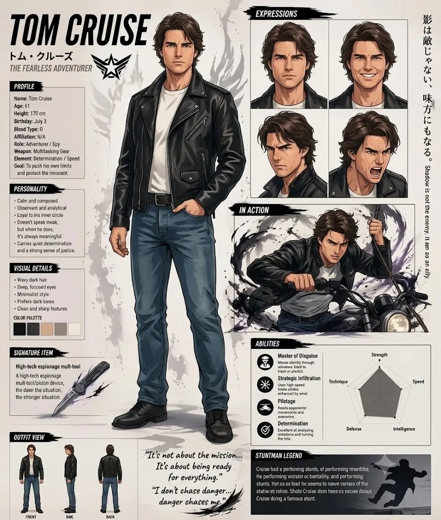 Tom cruise anime character reference sheet — After