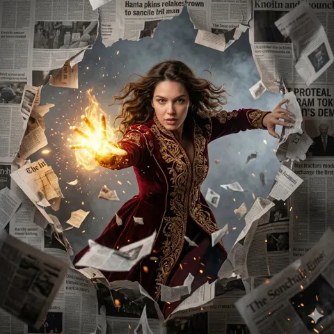 Sorceress bursting newspaper fire