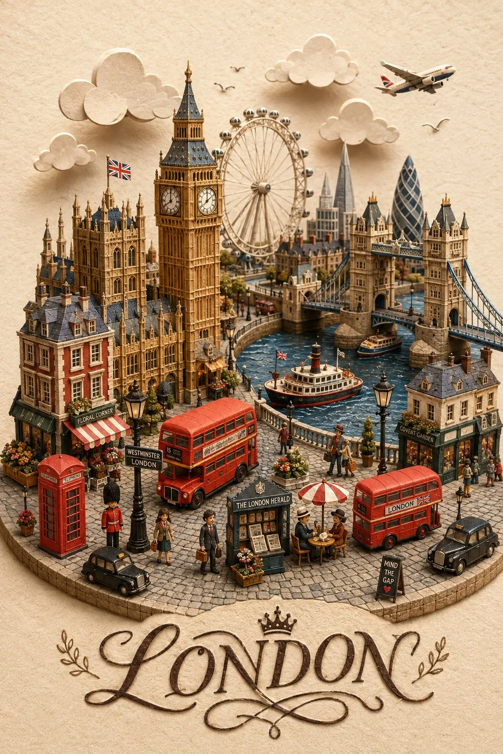London 3d papercraft clay diorama illustration — Sonra