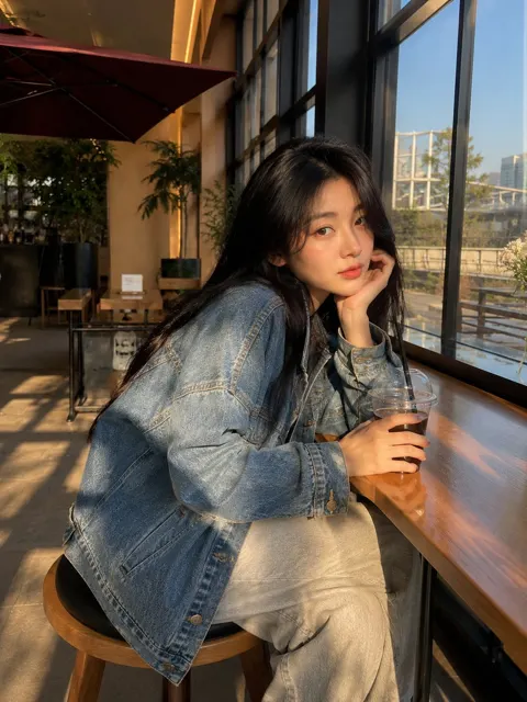 Ultra realistic woman cafe denim jacket portrait