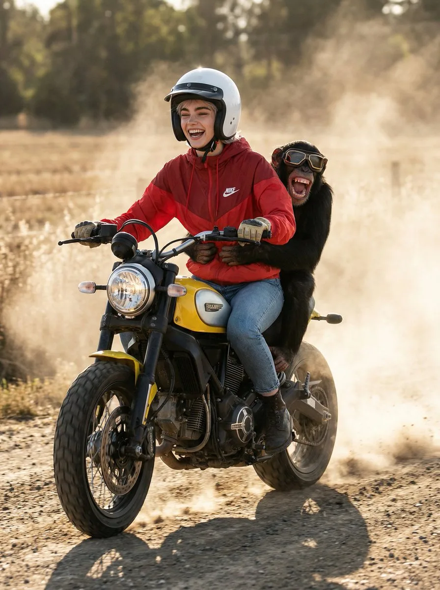 High speed woman chimpanzee sunset road — After