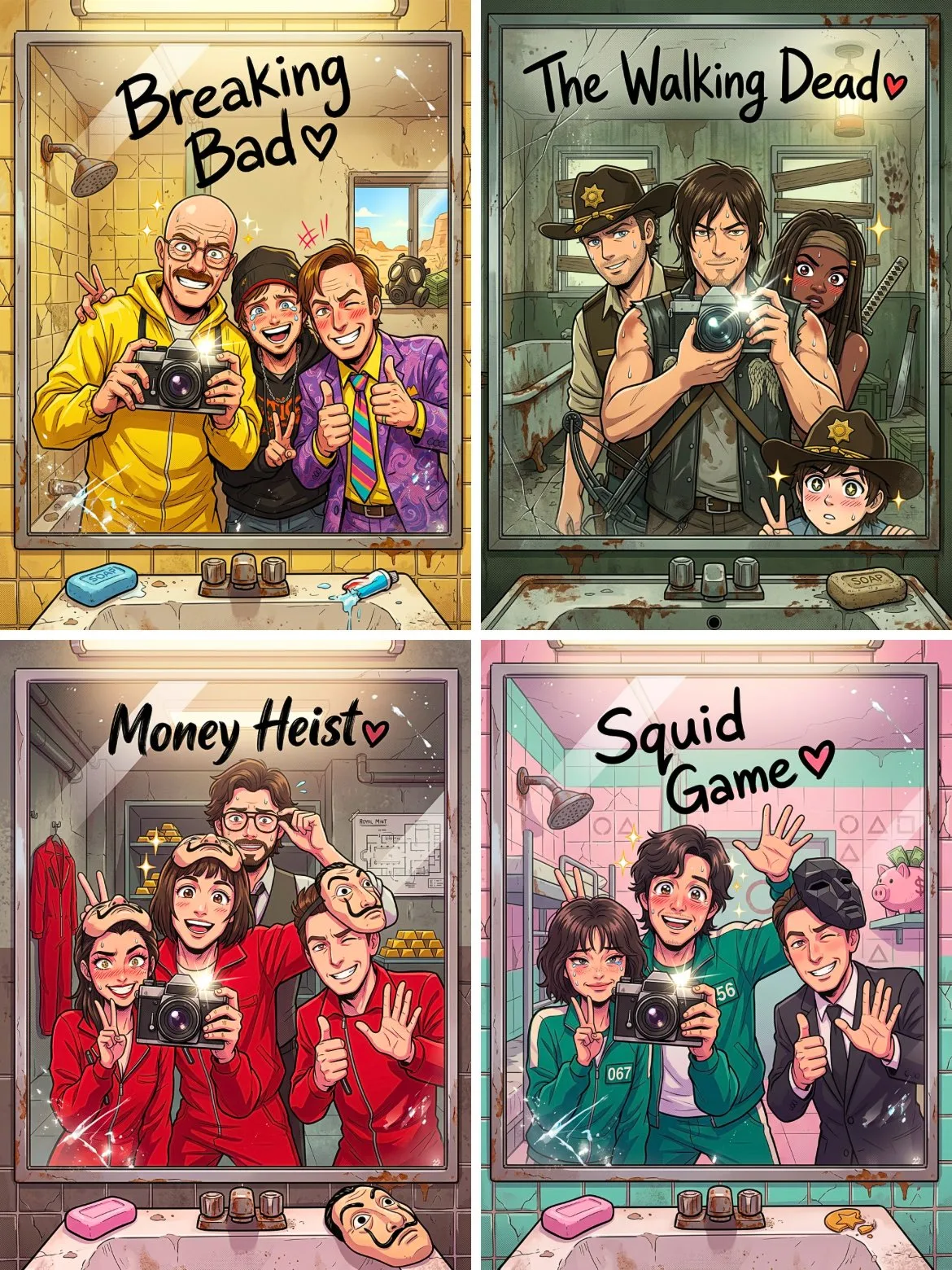 Anime style bathroom mirror selfie illustration — Sonra