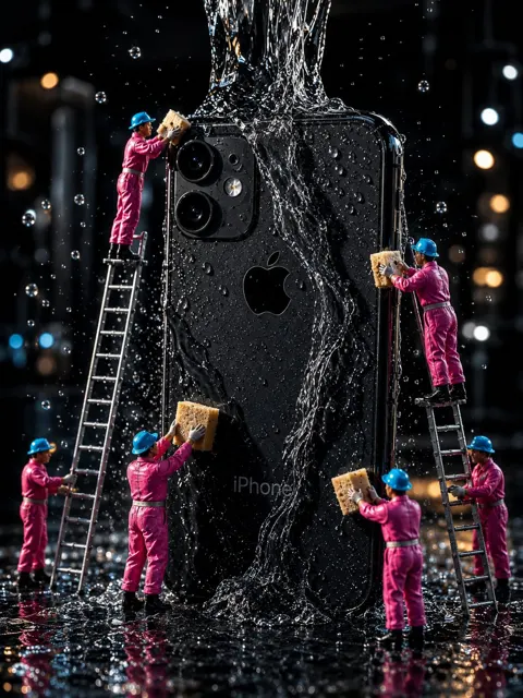 Miniature workers cleaning iphone