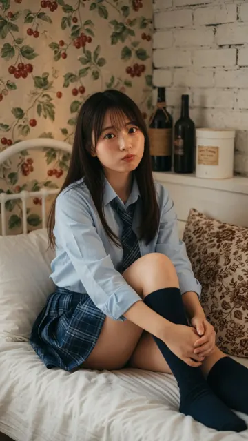 Japanese woman school style bedroom portrait