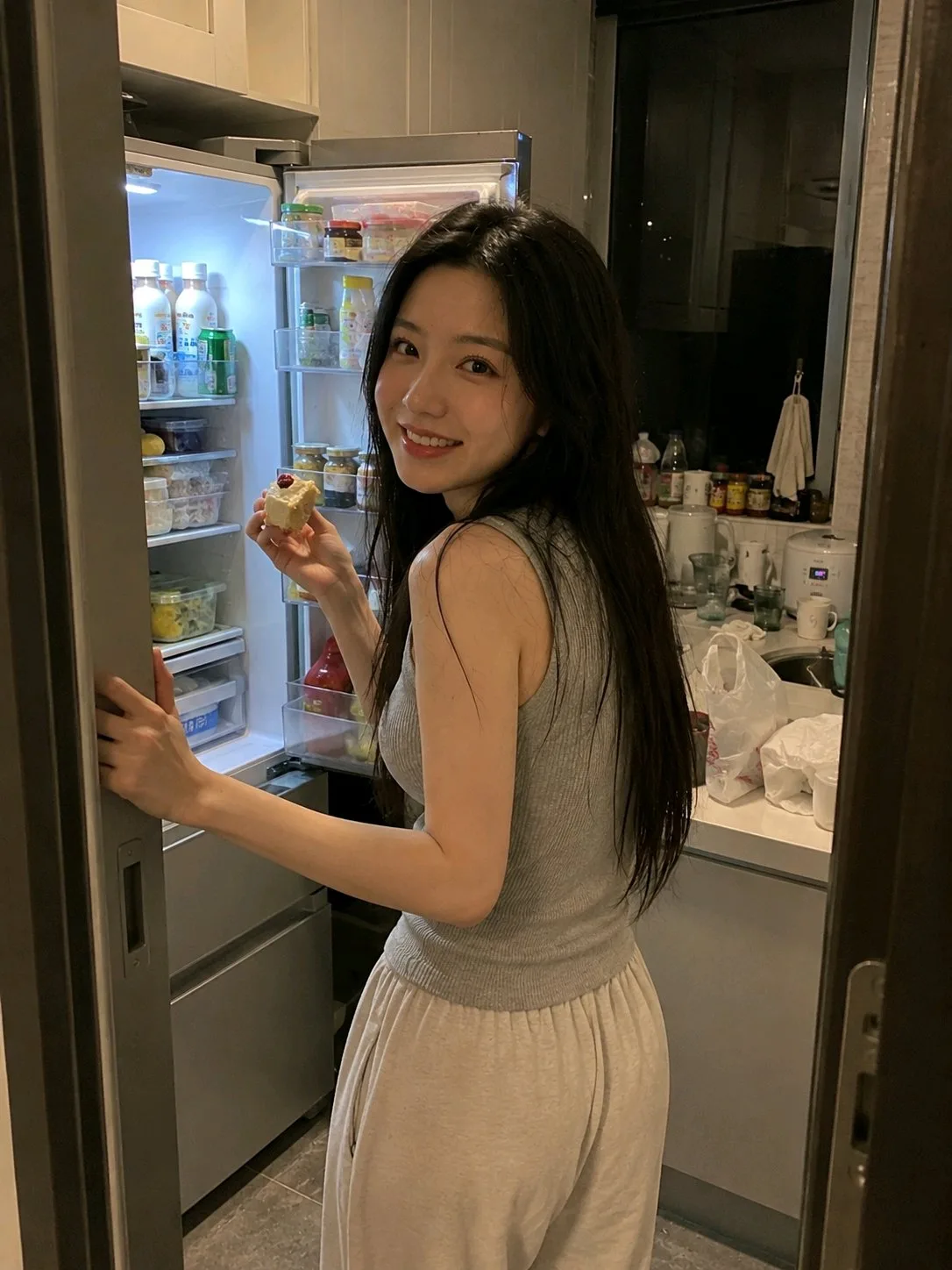 Asian woman caught snacking kitchen phone snapshot — After