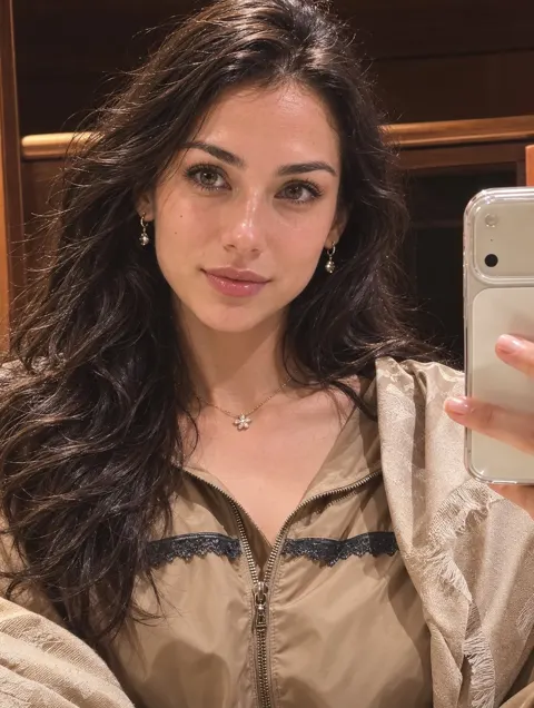 Ultra realistic mirror selfie elegant woman satin jacket