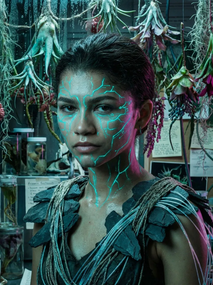 Flowing cyan bioluminescent researcher — Sonra