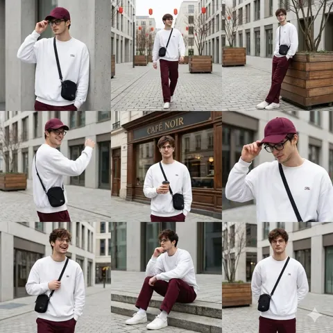 Urban burgundy menswear grid shots